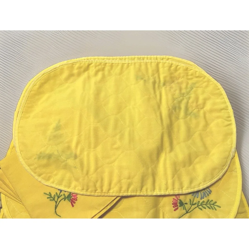 Vintage 70s MCM Yellow Embroidered Floral Cotton Placemat/Napkin Set For 4